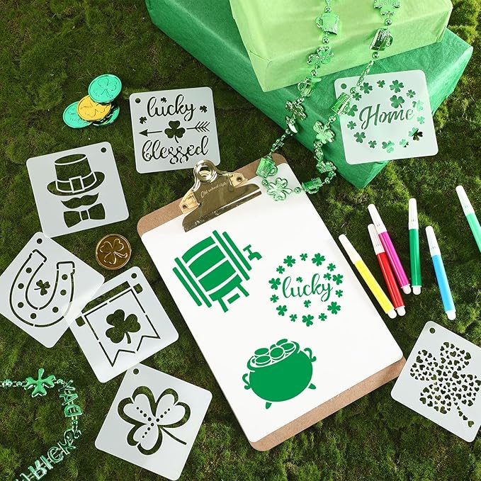 AUGSHY St Patrick's Day Stencils, 56 Pack Clover Theme Templates Stencils for Painting on Wood Ornaments Wood Slice DIY Crafts Fabrics Window St Patrick's Day Party Home Decor (3 Inch)