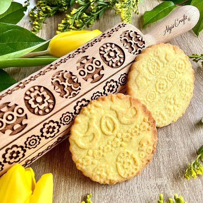 EASTER RIBBON Embossing Rolling Pin embossed Dogh Roller for Embossed Cookies and Pottery by Algis Crafts (Easter Bunnies)