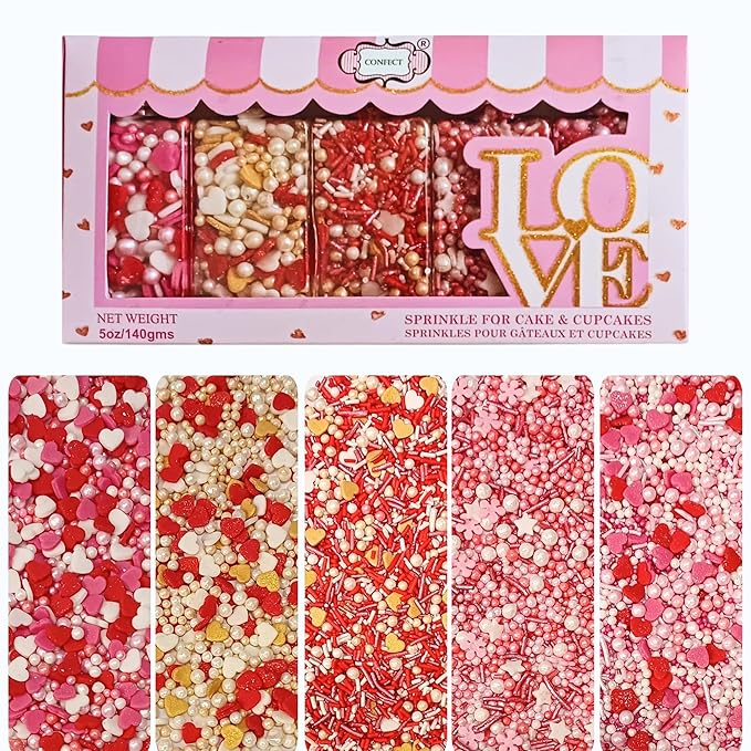 Confect Red, Pink & White Pearls Sprinkles | Mix Heart & Valentine Sprinkles | Sprinkles for Baking & Cake Decorative | Edible sprinkle Assorted Pack of 5 - Vegan, Gluten-Free, Nut-Free, Soy-Free, Dairy-Free, Palm Oil-Free -5 Oz
