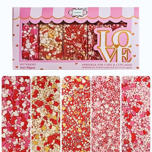 Confect Red, Pink & White Pearls Sprinkles | Mix Heart & Valentine Sprinkles | Sprinkles for Baking & Cake Decorative | Edible sprinkle Assorted Pack of 5 - Vegan, Gluten-Free, Nut-Free, Soy-Free, Dairy-Free, Palm Oil-Free -5 Oz