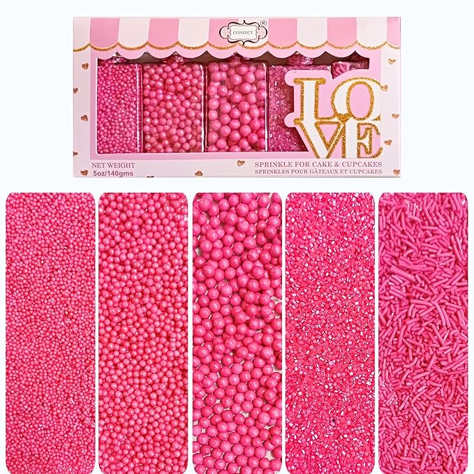 Confect Barbie Playtime Sprinkles Mix – Hot Pink Pearl Dragees, Jimmies & Sparkling Sugar – Assorted Pack of 5 Edible Sprinkles for Cake & Cupcake Decorating, Birthday Parties & Baking Fun | Vegan, Gluten-Free, Nut-Free, Soy-Free, Dairy-Free - 5 Oz