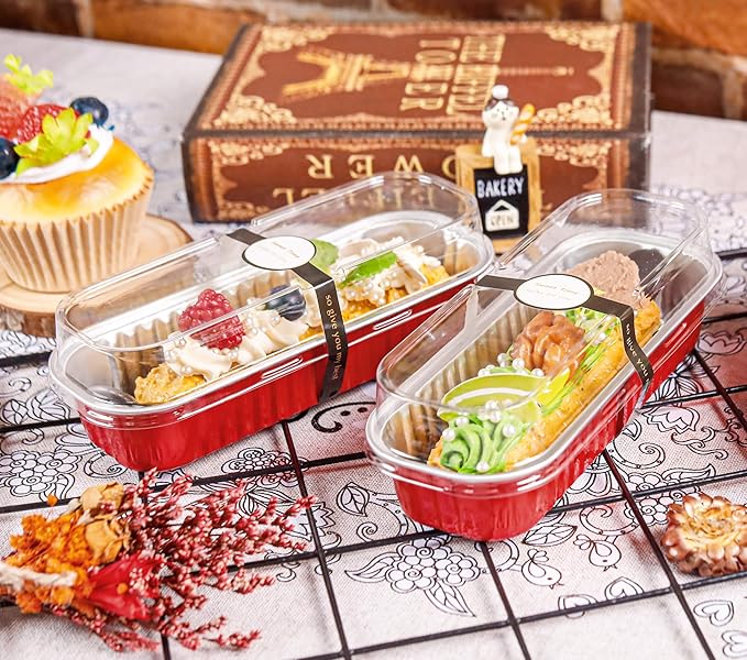 Mini Loaf Pans with Lids and Spoons Rectangular Aluminum Foil Baking Pans Mini Cheesecake Containers 6.8oz(60 Pack, Red)