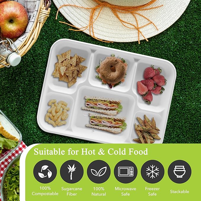 three leaf 6 Compartment Bagasse Tray 50 Ct. Heavy Duty, Super Strong,Eco Friendly Disposable Bagasse Plates,100% Biodegradable Plates, Microwave and Freezer Safe, Ideal for Party, Dinner and Picnic