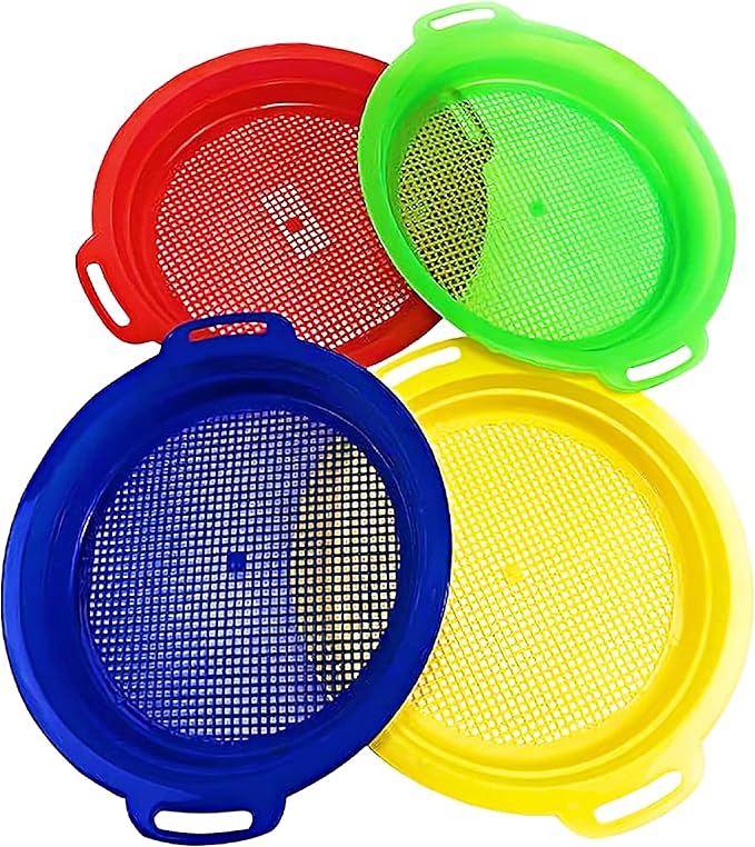Matty's Toy Stop Sand Sifter Sieves for Sand & Beach (Red, Blue, Yellow & Green) Complete Gift Set Bundle - 4 Pack (8.75'' x 9.75")