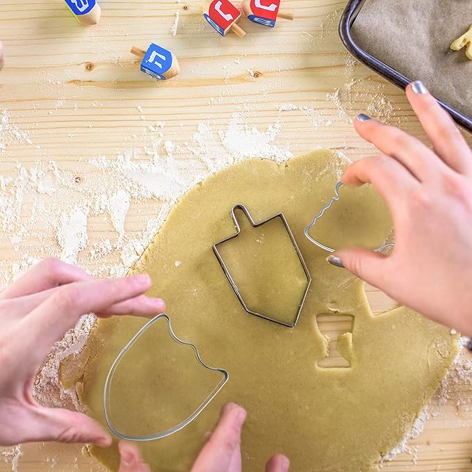 Hanukkah Fun Stainless Steel Cookie Cutters Molds Set of 5 Chanukah Story Shapes - Menorah - Dreidel - Candle - Maccabee Shield - Star of David