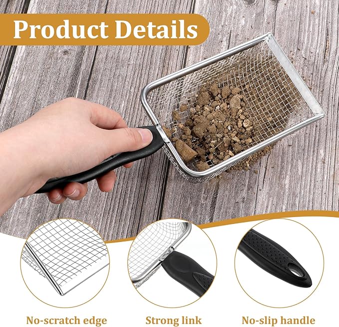 3 Pcs Gardening Soil Sifter 2.8/3.8/5 mm Mesh Garden Sand Compost Sieves Scoop Garden Shovels with Handle for Rocks Dirt Compost Filtration Planting Tool Accessories Supplies Stainless Steel