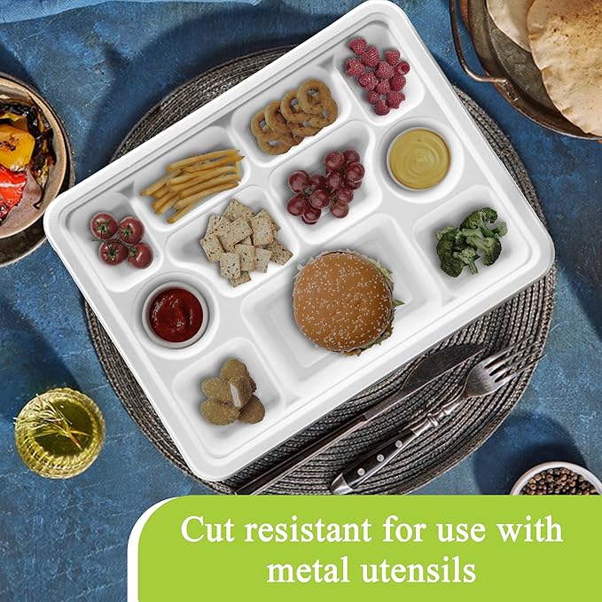 three leaf 11 Compartment Bagasse Rectangular Plate, 50 Ct. PFAS-Free, Heavy Duty, Sugarcane Fiber, Eco Friendly Disposable, 100% Biodegradable, Microwave and Freezer Safe, Ideal for Lunch, Buffet