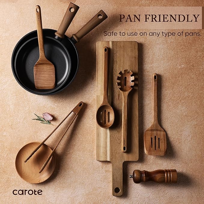 CAROTE Wooden Kitchen Utensils Set, Acacia Wood 8pcs Cooking Utensil Set for Nonstick Cookware, Long-lasting Wooden Spoons for Cooking, Spatula, Turner