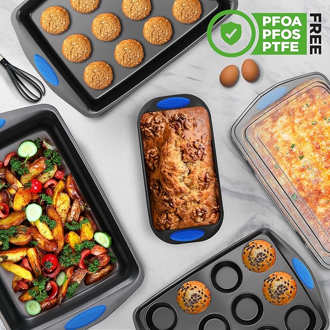 NutriChef Nonstick Bakeware Set of 6, Baking Pan with Cookie Sheets, 12-cup Muffin & Loaf pan – Easy to Clean, Oven Safe, Durable Warp Resistance Carbon Steel Pan Set for Baking, Roasting, & Cooking