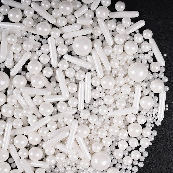 Kasvan White Pearl Sugar Sprinkles - Edible Candy Pearls 130g/4.58 Oz, Mix Size, Baking Cake Decorations, Ice Cream Toppings and Cookie Decorating, Wedding Party Chirstmas Supplies (White) (White)
