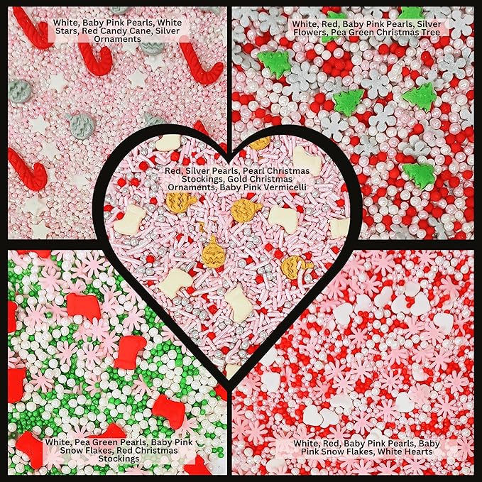 Confect Christmas Sprinkles | Christmas Sprinkles - Green White Silver Pink Pearls Sparkling sugar I Christmas Tree Stocking & Candy Canes for Dessert Decorating- 5 Oz