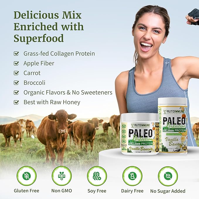 Paleo Perfection Double Chocolate Grass Fed Beef Collagen Protein Powder without Stevia - Paleo, Keto, SCD, AIP Protein Powder w/ Apple Fiber, Carrot, Broccoli - 1lb Protein Powder & Superfood Blend