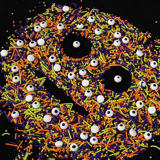 Edible Halloween Sprinkles,Black White Eyes Purple Green Orange and Black Pearls and Jimmies Mixed,130g/4.58ounce,Monster Sprinkle Perfect for Cake Decorations, Baking, Ice Cream, Cookies, Cupcake Topper,Halloween Supplies Children's Party
