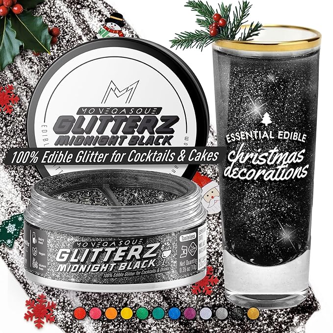 MONÉGASQUE Black Edible Glitter for Drinks 10g – Black Edible Glitter for Cakes & Cocktails – Cocktail & Drink Shimmer Powder – Cupcake Sprinkles Decorating Toppers & Christmas Cake Decorations Spray