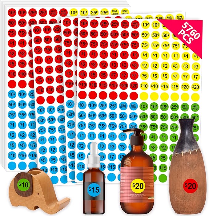 5760 PCS Pre-Priced Pricing Stickers, Sale Labels in 4 Bright Colors (Yellow/Red/Green/Cyan), Price Tag Stickers for Yard/Garage Sale, Flea Market (3/4” in Diameter)