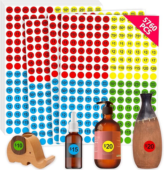 5760 PCS Pre-Priced Pricing Stickers, Sale Labels in 4 Bright Colors (Yellow/Red/Green/Cyan), Price Tag Stickers for Yard/Garage Sale, Flea Market (3/4” in Diameter)