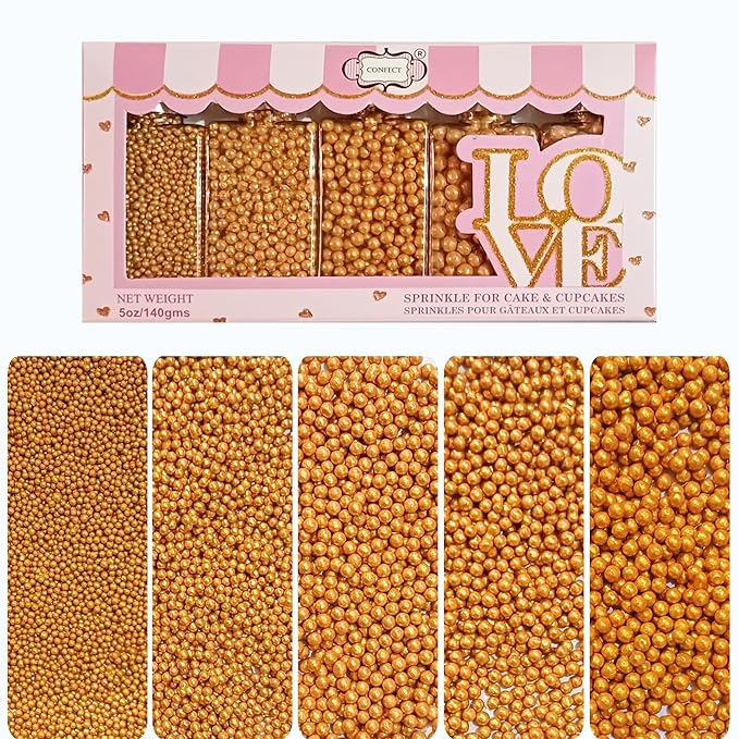 Confect Pearl Gold Sprinkles | Gold Sprinkles for Cakes & Cupcakes Decoration & Celebration | Assorted pack of 5 All That Glitters | Mix Golden Pearl Dragees | Vegan, Gluten-Free, Nut-Free, Soy-Free, Dairy-Free, Palm Oil-Free, No Artificial Dyes- 5 Oz