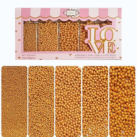 Confect Pearl Gold Sprinkles | Gold Sprinkles for Cakes & Cupcakes Decoration & Celebration | Assorted pack of 5 All That Glitters | Mix Golden Pearl Dragees | Vegan, Gluten-Free, Nut-Free, Soy-Free, Dairy-Free, Palm Oil-Free, No Artificial Dyes- 5 Oz