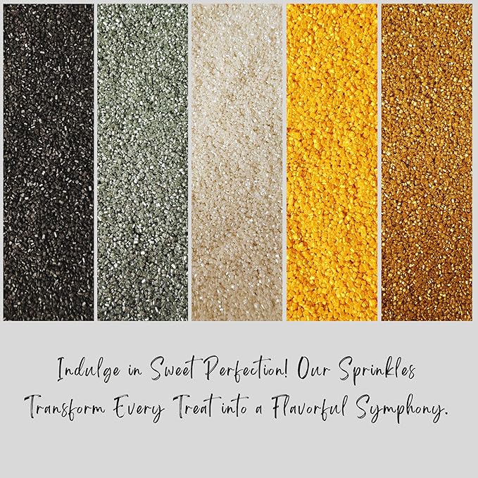 Confect Sparkling Sugar Sprinkle Mix – Edible Black, Silver, White, Yellow & Champagne Gold Sugar Crystals – Decorative Baking Toppings for Cakes, Cupcakes & Cookies – Vegan, Gluten-Free, Nut-Free, Soy-Free, Dairy-Free, Palm Oil-Free -Dye-Free-5 Oz