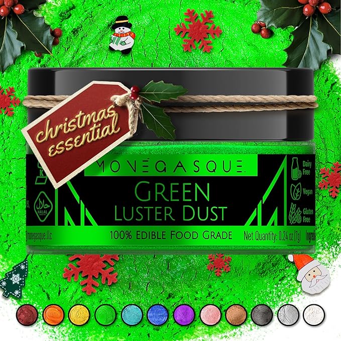 MONÉGASQUE Green Edible Glitter for Drinks 7g – Christmas Edible Glitter for Cakes & Cocktails – Green Luster Dust for Drinks – Drink & Cake Decorations Dust Spray – Cocktail & Drink Shimmer Sparkles