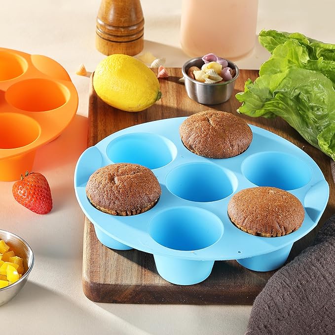 2 Pack Silicone Egg Bite Molds, Food Grade 7-Cups Air Fryer Muffin Pan for Baking Mini Muffins, Egg Bite, Tart, Mini Cupcake and Quiche, Nonstick and BPA - Free (Orange+Blue)