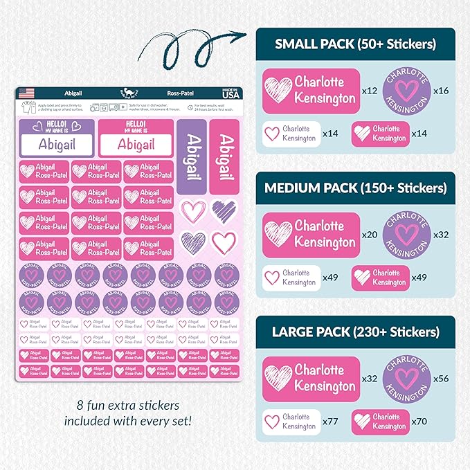 Personalized Waterproof Name Labels for Kids | Optional Packs 50, 150, 230 Labels | Custom Name Stickers for Kids' Clothing Tag, Water Bottle, Lunch Box, Customize Kid Name Label for Daycare Hearts