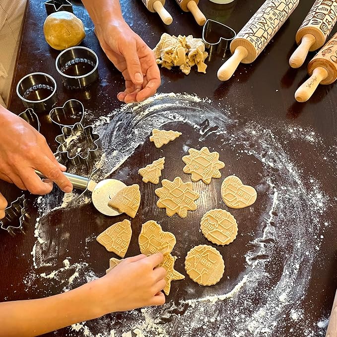 CHRISTMAS TILES Embossing Rolling Pin. Laser Engraved Dough Roller for Embossing Homemade Christmas Cookies by Algis Crafts