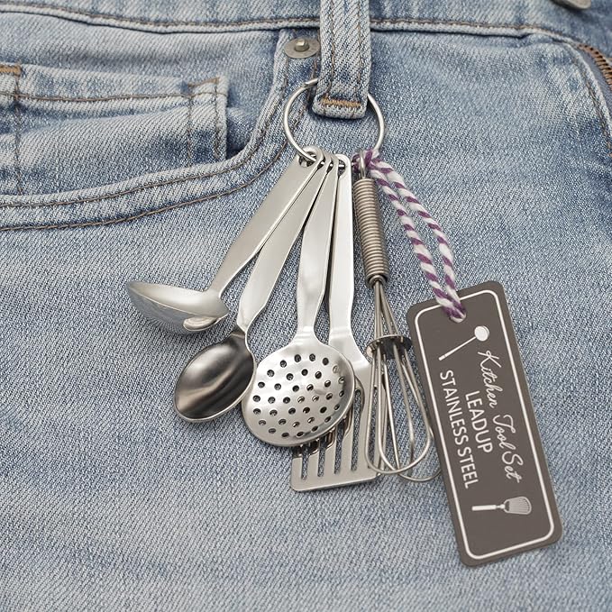 Mini Stainless Steel Kitchen Tool Set with Keychain(3.5"),Set of 5,Includes Whisk, Spatula, Spoon, Skimmer,Soup ladle
