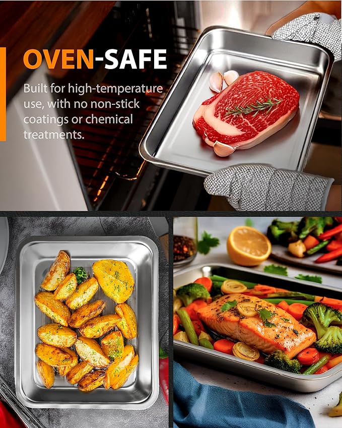 3-Piece Baking Pan Set, 304 Stainless Steel, 2-Inch Deep, Oven Safe to 450°F, Corrosion-Resistant, Easy to Clean, Stackable, 16-Inch, 12-Inch, 9-Inch Sizes