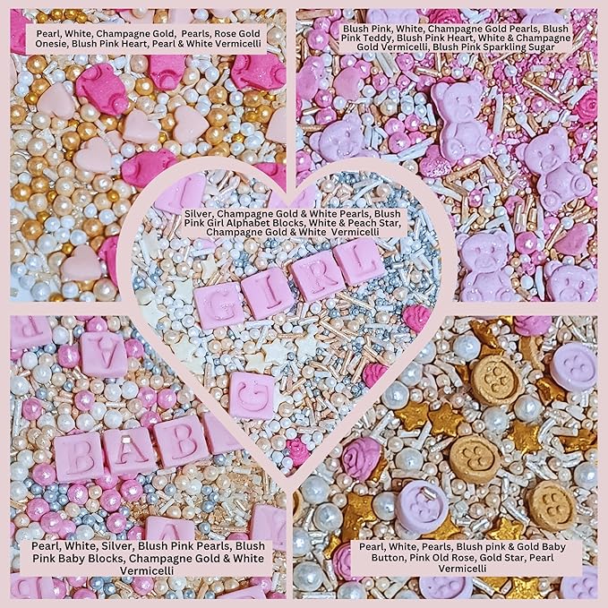 Confect Girls Baby Shower Sprinkles | Mix Blush Pink & Gold Button, Teddy & Heart Sprinkles | edible Sprinkles for Cake & Cupcake Sprinkle Pack of 5 | Vegan, Gluten-Free, Nut-Free, Soy-Free, Dairy-Free, Palm Oil-Free - 5 Oz