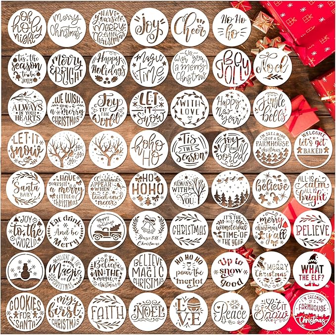 60pcs Christmas Stencils for Painting on Wood 3 Inch Small Nativity Ornament Reusable Holiday Xmas Drawing Stencil Templates for Wood DIY Crafts Card Paper Gift Home (Christmas Word)