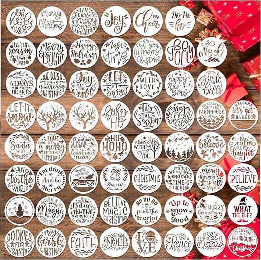60pcs Christmas Stencils for Painting on Wood 3 Inch Small Nativity Ornament Reusable Holiday Xmas Drawing Stencil Templates for Wood DIY Crafts Card Paper Gift Home (Christmas Word)