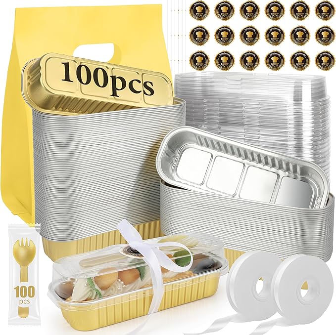 OcePor 100 Pack Mini Loaf Pans With Lids，Mini Cake Pans With Lids and Spoons，6.8oz Bread Loaf Pans Disposable，Small Aluminum Cake Tins,Baking Pans Individual (Gold)