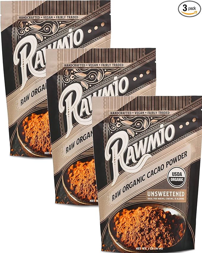 Rawmio Raw Organic Cacao Powder - Nutrient-Dense with Dietary Fiber, Iron, & Calcium - Rich & Creamy Raw Cacao for Drinking or Baking - Organic Cocoa Powder Alternative - 16 oz, Pack of 3