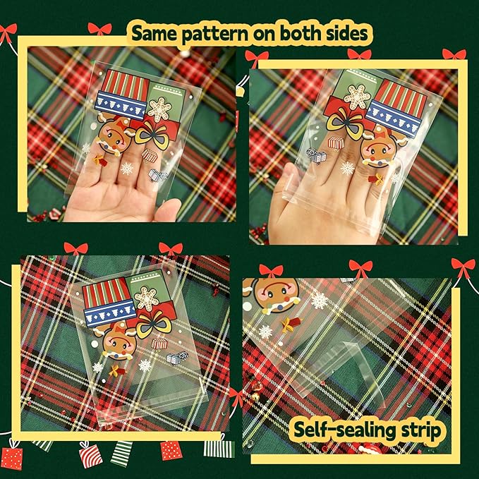 Christmas Cellophane Bags Biscuit Roasting Treat Bags Individual Wrappers Self Adhesive OPP Cookie Bakery Present Gift DIY Candy Decorating Favor Bags (4x4 Inch, 200Pcs)