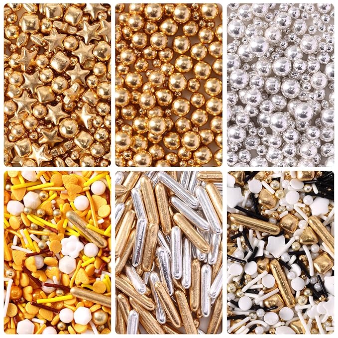 Gold Sprinkles for Cake Decorating, Cupcake, Cookies, Ice Cream Topper, 6 Packs Gold and Silver White Sprinkles, Six of assorted Sprinkles for Baking, Perfect for Party, Anniversary, Wedding