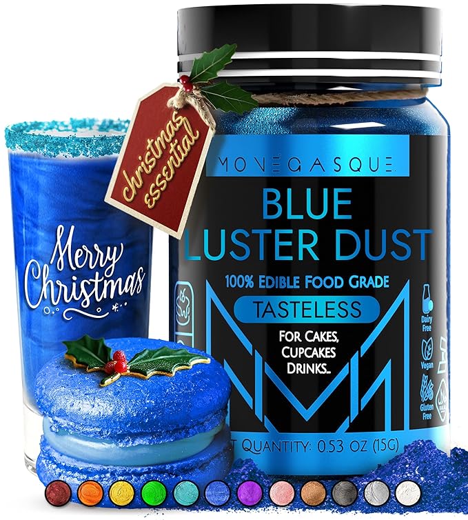 MONÉGASQUE Blue Edible Glitter for Drinks 15g – Edible Glitter for Cakes & Cocktails - Blue Luster Dust for Cocktail, Cake Decorating, & Food Spray - Christmas Drink Shimmer Decorations