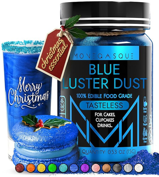 MONÉGASQUE Blue Edible Glitter for Drinks 15g – Edible Glitter for Cakes & Cocktails - Blue Luster Dust for Cocktail, Cake Decorating, & Food Spray - Christmas Drink Shimmer Decorations