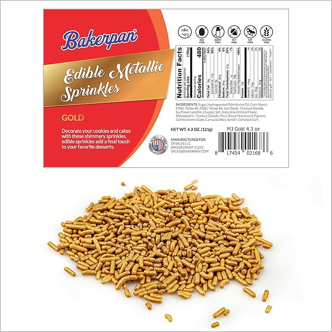 Bakerpan Gold Sprinkles Edible for Cupcakes, Gold Jimmies Sprinkles for Cake Decorating - 4.3 Ounces (Made in USA)