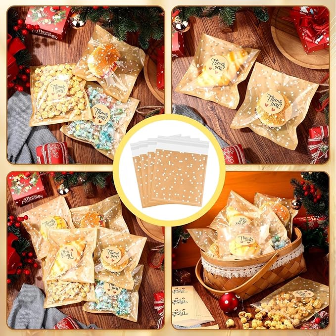 Self Adhesive Cookie Bags Cellophane Polka Dot Treat Bags Small Plastic with Thank You Stickers for Party Gift Giving Bakery Biscuit Candy Pastry(7.1 x 7.5 Inch,Small Dot,50 Pcs)