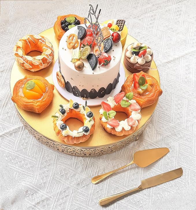MTJYQTF Gold Cake Stand Set - 16 IN Metal Round Cupcake Dessert Stand with Cake Cutting & Cake Spatula for Party, Candy Table Display for Wedding Birthday Baby Shower Housewarming Party CS003-16panR