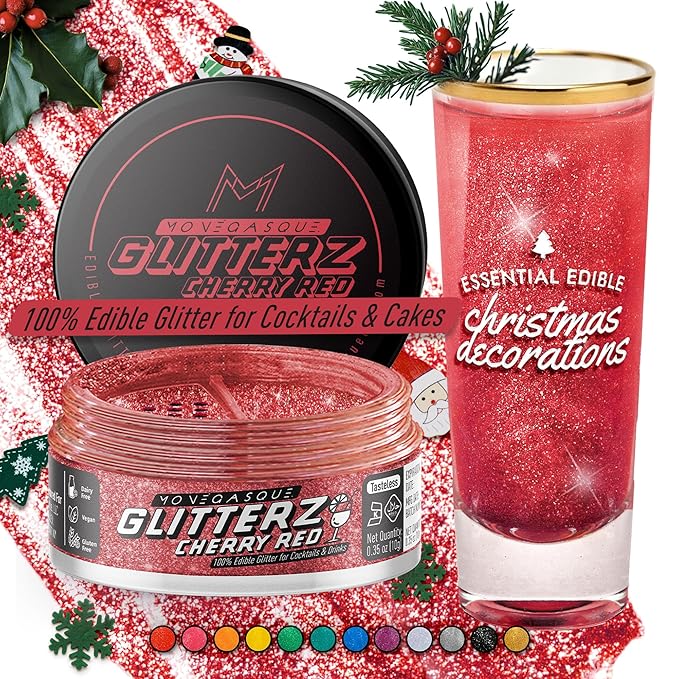 MONÉGASQUE Cherry Red Edible Glitter for Drinks 10g – Red Edible Glitter for Cakes & Cupcakes - Champagne & Cocktail Drink Shimmer Flakes - Food Decorating Christmas Sprinkles & Cake Decorations Spray