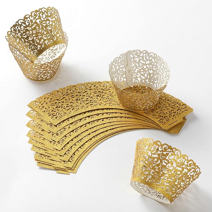 100pcs Cupcake Wrappers Artistic Bake Cake Paper Cups Little Vine Lace Laser Cut Liner Baking Cup Muffin Case Trays for Wedding Party Birthday Decoration (Gold Glitter)
