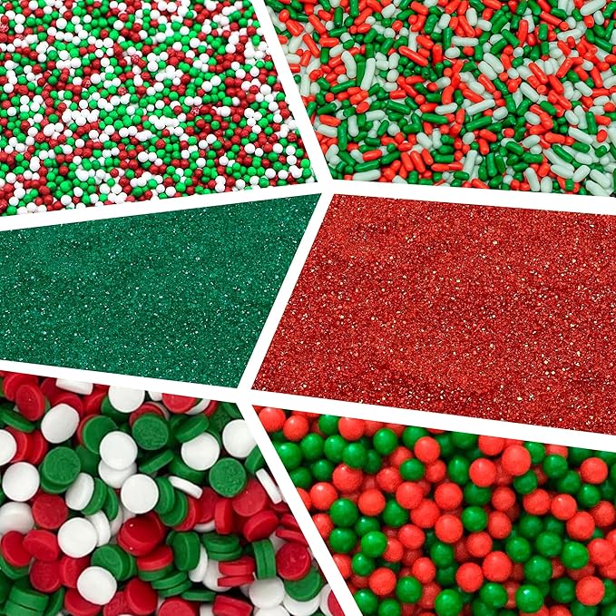 Sprinkle Me This Sprinkle Mix - 6 Cell Sprinkle Assortment (7oz) - Assorted Sprinkle Jar featuring Red and Green Sanding Sugar, Red and Green Nonpareils, Jimmes, and Confetti sprinkles