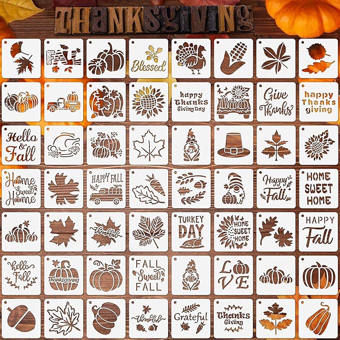 Augshy Fall Stencils, 56 Pack Thanksgiving Small Fall Stencils for Painting on Wood Ornaments Slice DIY Crafts Fabrics Window Thanksgiving Autumn Decoration (3 Inch)