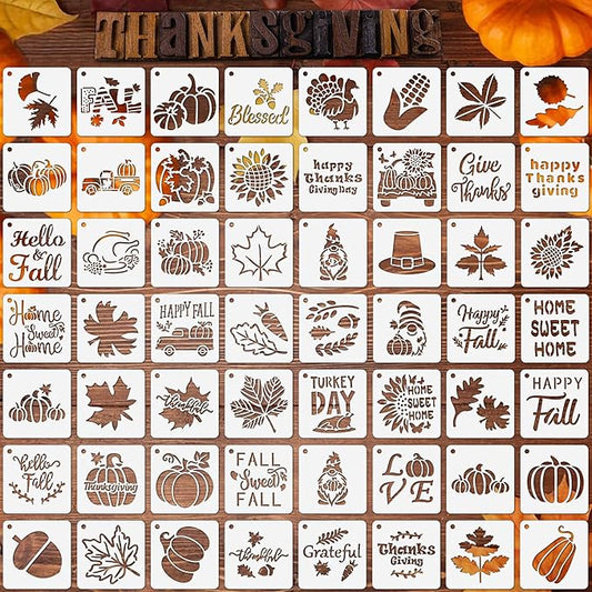Augshy Fall Stencils, 56 Pack Thanksgiving Small Fall Stencils for Painting on Wood Ornaments Slice DIY Crafts Fabrics Window Thanksgiving Autumn Decoration (3 Inch)
