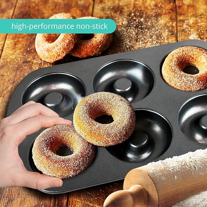 Nonstick Donut Pan Set – 2-Piece Bakeware with 6-Cavity Mini and 12-Cavity Standard Molds, Durable Carbon Steel, Scratch-Resistant, Even Heating