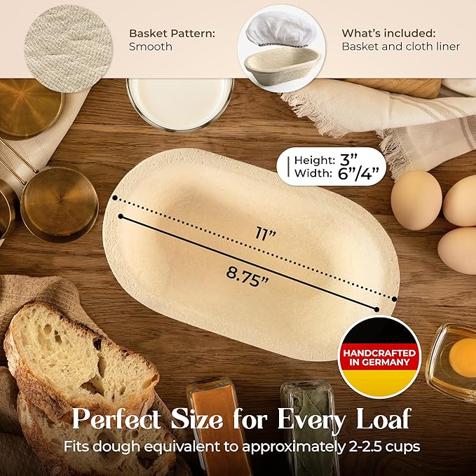 11" Oval Wood Pulp Banneton Bread Proofing Basket – 1.1LB Brotform, Smooth Surface – Non-Stick Natural Wood Pulp Pressed for Durability– Made in Germany Proofing Baskets for Sourdough Bread Baking