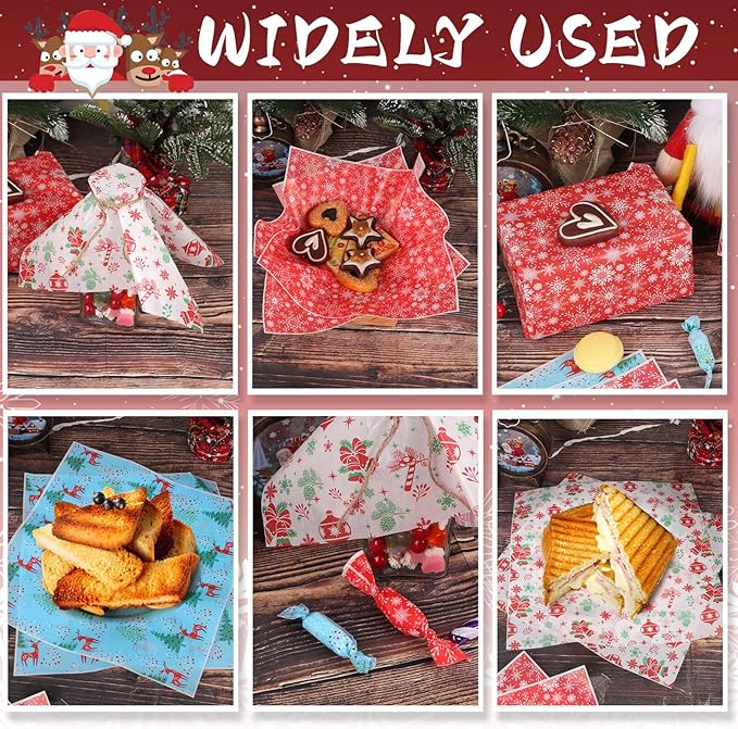 CCINEE 150 Pcs Christmas Wax Paper Sheets for Food, Greaseproof Wrapping Tissue Bulk for Deli Baking, Picnic, Sandwich, Cookies, Oilproof Basket Liners (9.84 x 9.84 Inch)