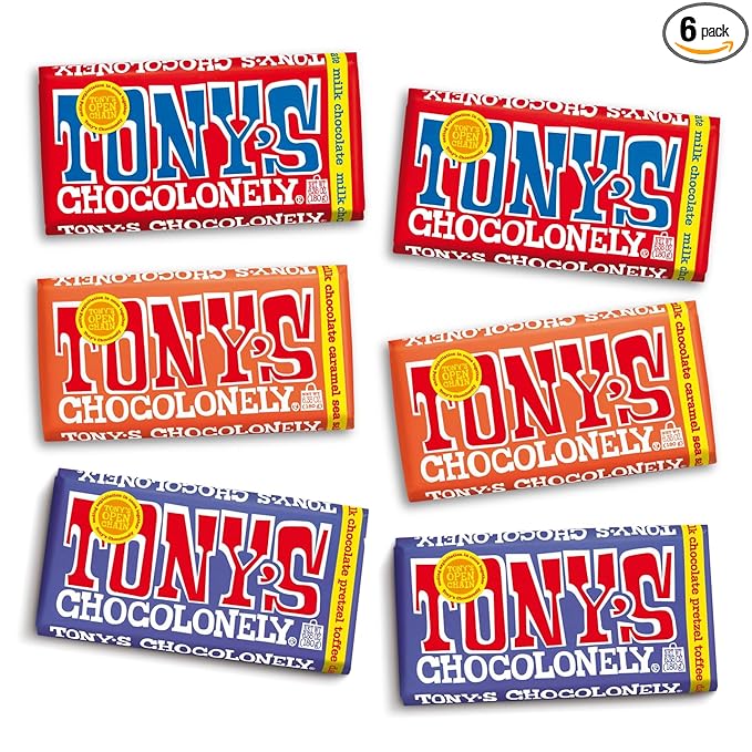 Tony's Chocolonely - Top 3 Milk Chocolate Bundle - Belgium Chocolate Halloween Candy Bar, No Artificial Flavoring, Fairtrade & B Corp Certified - 6.35 Oz, 6 Bars